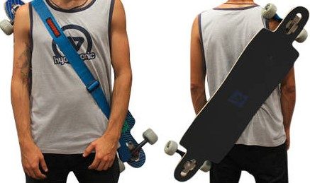 Carrying a skateboard with shoulder strap
